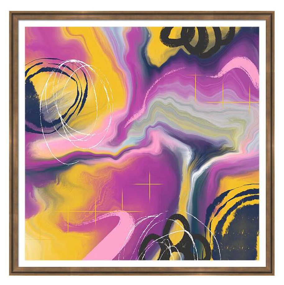 Abstract painting with swirling magenta, golden yellow, and purple fluid forms, accented by bold black brushstroke spirals, white hand-drawn circles, and small gold cross/star details