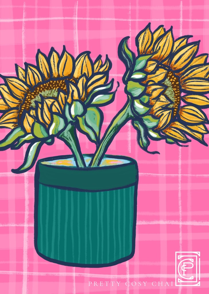 sunflower painting - modern pink plaid with cut sunflowers in a vase
