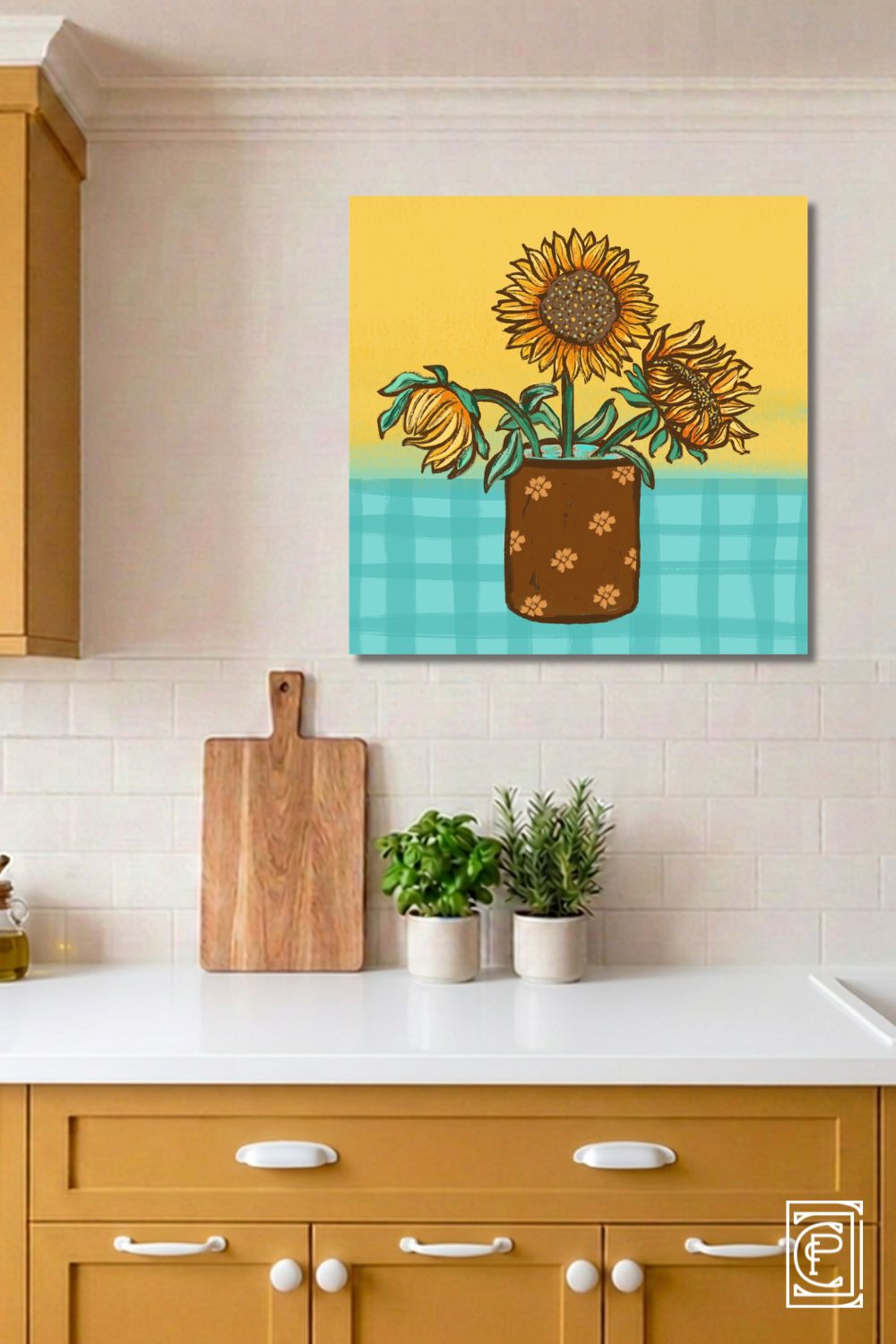 sunflower painting for kitchen wall - rustic kitchen yellow aqua plaid sunflower bouquet in vase